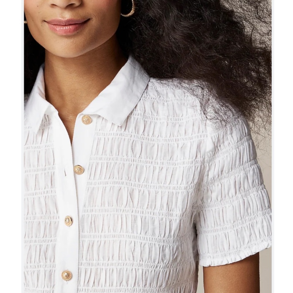 J. Crew Top Smocked button-up shirt in cotton-blend voile / white / Sz. L - Picture 9 of 12
